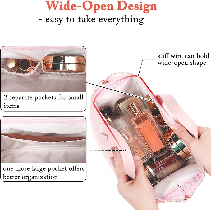 Travel Makeup Bag, Large Wide-open Cosmetic Bag Make Up Organizer Case for Women, Waterproof PU Leather Toiletry Bag Skincare Pouch for Toiletries Accessories Brushes