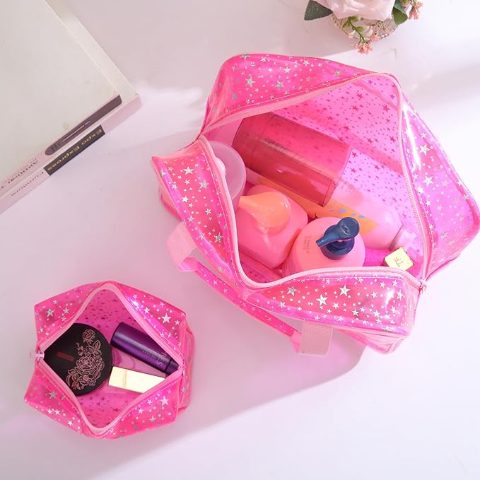 Yaopeing 2Pcs PVC Clear Makeup Bag Organizer for Women,Star Transparent Cosmetic Case Travel Toiletry Pouch with Zipper,Large Make Up Purse for Daily Accessory,Pink