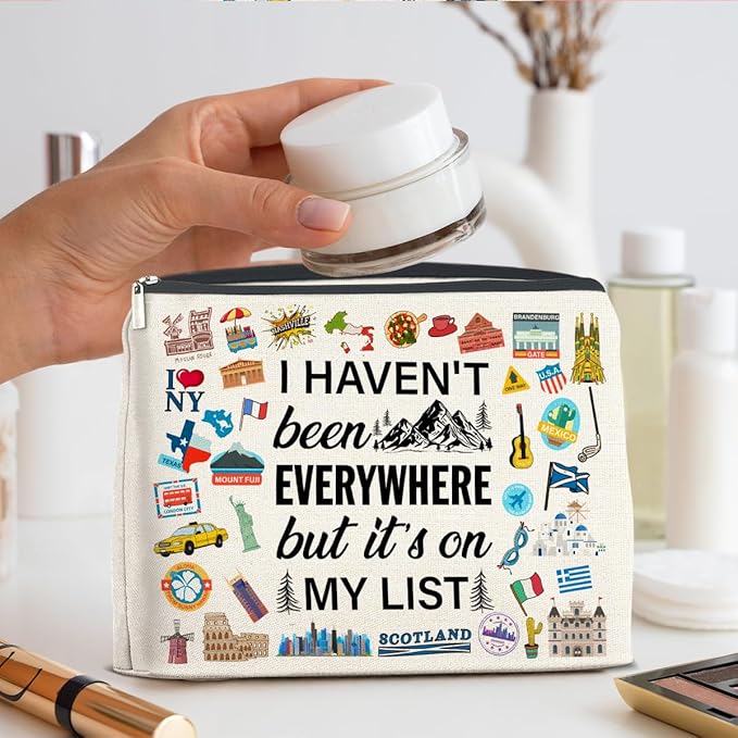 Travel Gifts Makeup Bag, Travelers Gifts for Women, Gifts for Women Who Like to Travel, Adventure I Haven't Been Everywhere But It's on My List Zipper Makeup Pouch