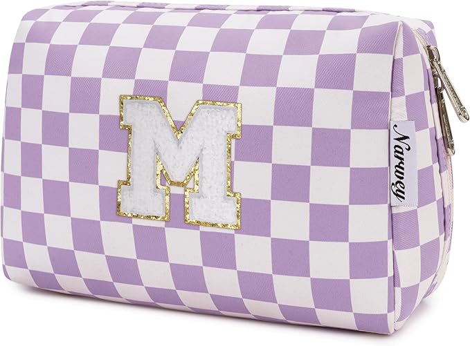 Narwey Birthday Gifts for Women Girls, Initial Makeup Bag for Bridesmaid Teacher Sister Friend Graduation Gifts, Personalized Monogram Cosmetic Toiletry Bag, Teen Girls Trendy Stuff (Purple M)