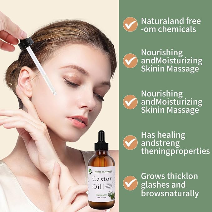 Castor Oil-Castor Oil Organic Cold Pressed Unrefined Glass Bottle-Organic Certified 100% Pure Castor Oil,Hexane Free,Organic Castor Oil for Face,Hair Growth,Eyelashes,Caster 4.23fl.oz/120ml