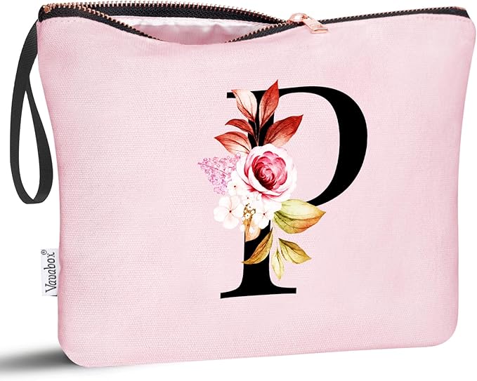 Vavabox A-Z Personalized Makeup Bag, Birthday Gifts for Women Mom, Gifts for Best Friend, Bride Bridesmaid Cosmetic bag (P, Pink)