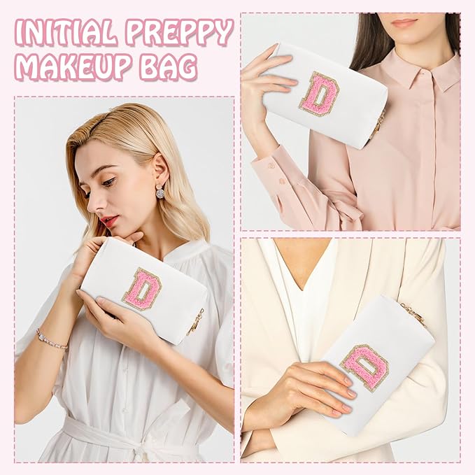 Personalized Chenille Letter Preppy Makeup Bag, Small Cute Mini Travel Cosmetic Bag Initial Toiletry Zipper Pouch Makeup Storage, Waterproof Makeup Case Travel Essentials for Her Daughter(Letter D)