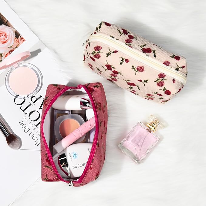 SOIDRAM 2 Pieces Makeup Bag Floral Cosmetic Bag Purple Blue Makeup Pouch Travel Toiletry Bag Organizer Cute Makeup Brushes Storage Bag for Women, White&Pink Rose