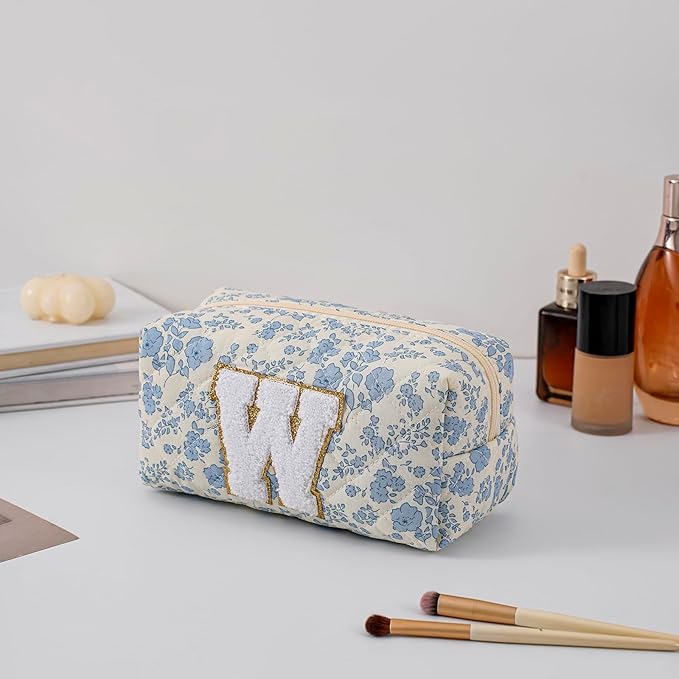 JOVAKIT Alphabet Makeup Bag Cosmetic Bag for Women, Christmas Gifts for Girls Age 6-18, Floral Flowers Coquette Travel Toiletry Zipper Make Up Pouch Organizer Trendy Stuff (Blue Floral W)