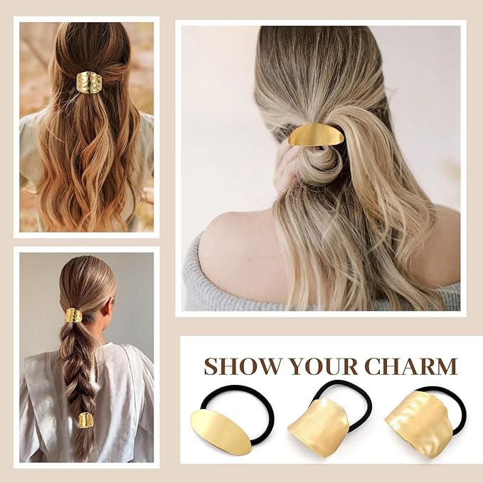 3PCS Gold Hair Ties, Metal Hair Ties for Thick Hair, Elegant Durable Geometric Design Hair Cuffs, Gold Hair Accessories Stretchy and Non-Damage Ponytail Holders 3 Style Holiday Christmas Gifts
