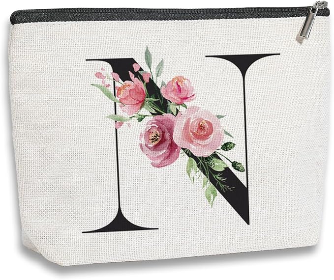 Initial Makeup Bag, Personalized Gifts for Women, Bridesmaid Gifts, Birthday Gifts for Women Mom, Gifts for Best Friend, Bride Bridesmaid Cosmetic bag (Letter N)