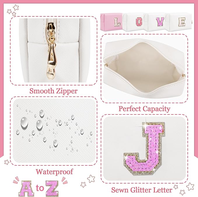Initial Letter Patch Makeup Bag, Small Preppy A-Z Glitter Letter Cosmetic Bag, PU Leather Waterproof Travel Toiletry Bag, Cute Make Up Pouch Personalized Monogrammed Gift for Women Teen Girls