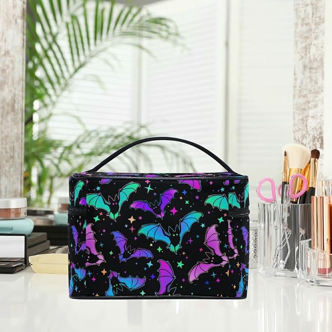 Goth Makeup Bag, Gothic Bats Halloween Luminous Makeup Organizer Bags Toiletry Bag Box Travel Cosmetic Bag Make Up Train Case for Women Teen Girl Ladies