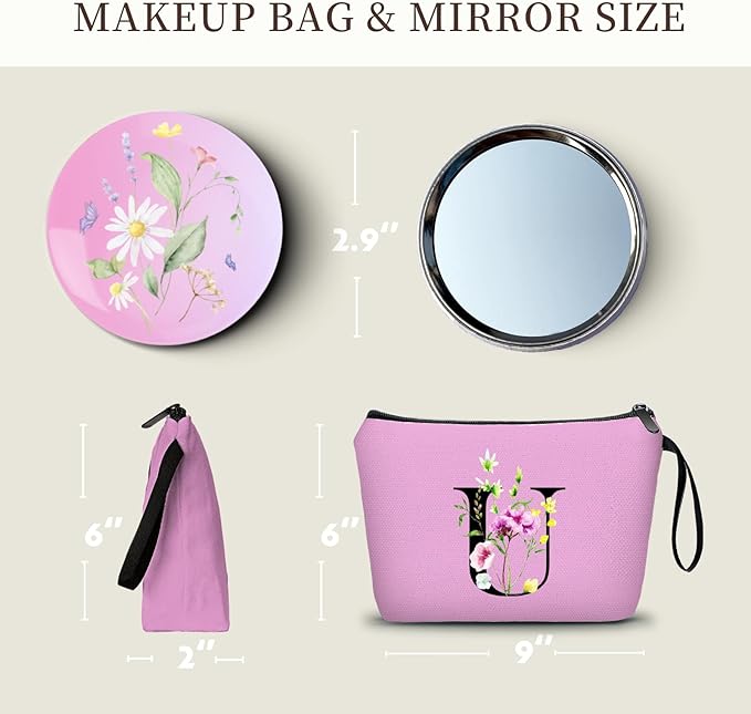 Birthday Thank You Appreciation Monogrammed Gifts for Mom Aunt Teacher Sister Friend Coworkers Bride Bridesmaid Makeup Cosmetic Bag with Mirror Mothers Day Christmas Graduation U