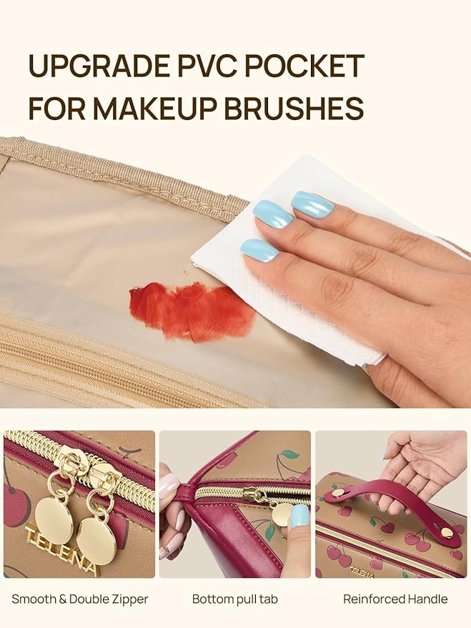 Telena Leather Make Up Bag Portable Travel Makeup Bag Waterproof Cosmetic Bags for Women Large Capacity With Handle and Divider Open Flat