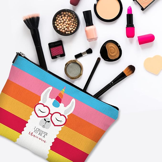 Cute Makeup Bag for Purse Canvas Waterproof Funny Cosmetic Bags for Women Zipper Travel Toiletry Pouch-Alpaca Makeup Bags-Rainbow
