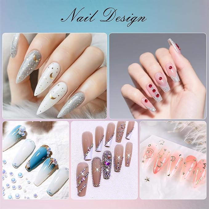 Artdone Nail Art Studs Kit, 6 boxes Multicolor And Design 3D Charms Pearls With 15 Sheets Gold Nail Stickers, Diamond Cute Nail Jewels For DIY Decoration with Pickup Tools