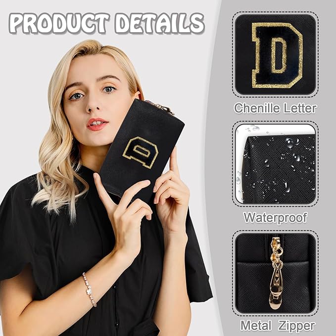 Personalized Chenille Letter Preppy Makeup Bag, Small Cute Mini Travel Toiletry Bag Initial Cosmetic Zipper Pouch for Purse, Waterproof Makeup Case Storage Travel Essentials for Her Daughter(Letter D)