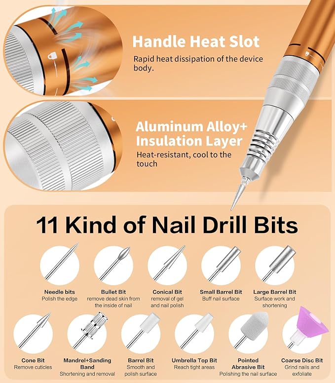 [2025 Upgraded] Electric Nail Drill Professional, Portable Rechargeable 40000 RPM - Cordless Electric Nail File Machine Kit for Acrylic Gel Polishing Removing, Manicure at Home DIY & Salon (Orange)