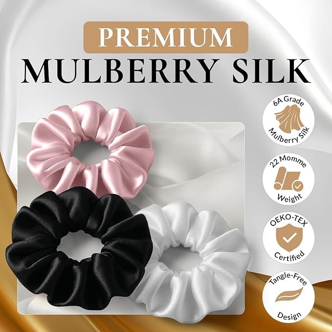 100% Pure 22 Momme Mulberry Silk Scrunchies (Set of 3) | Highest grade (6A) Luxury Hair Ties| (Black,White,Pink) | (Pink, Standard/Small/Skinny)