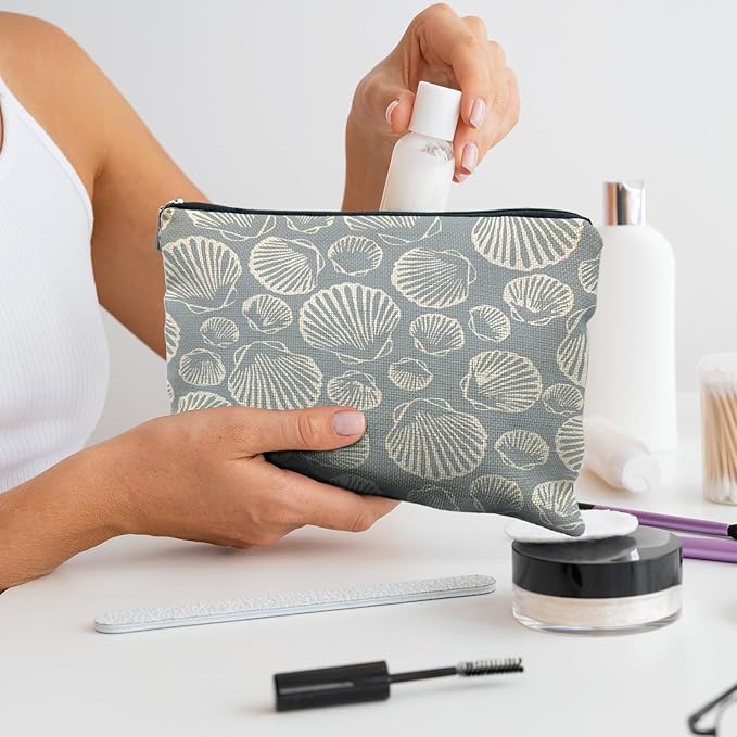 Coastal Beach Makeup Bag - Aesthetic Sea Shell Cosmetic Pouch for Women, Beach Gifts, Vacation Gifts, Light Blue Beachy White Pouch