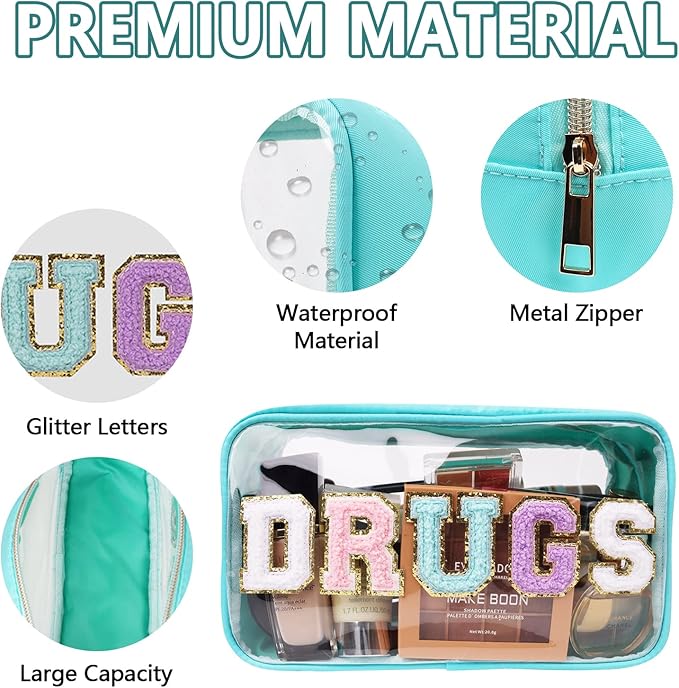 Iqimott Clear Patch Makeup Bag Drugs Pouch, Preppy Personalized Chenille Letter Cosmetic Pouch for Travel, Nylon Waterproof Organizer Travel Essentials Zipper Toiletry Bags for Women Girls(Green)