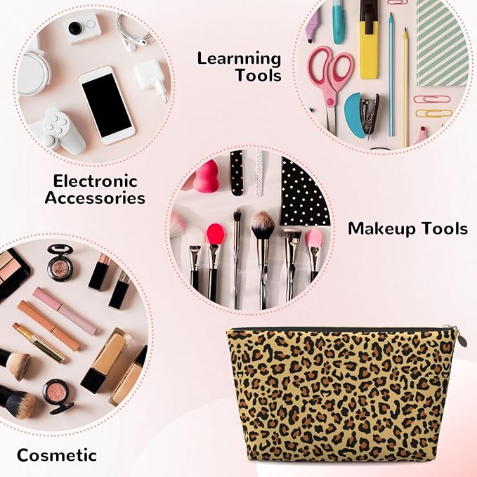 Womens Leather Makeup Bag Cosmetic Bag Travel Toiletry Bags Make Up Bags for Women Adult (Leopard Pattern 2)