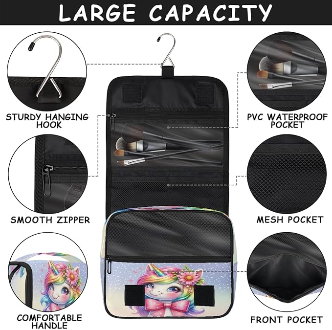 Travel Toiletry Bag for Women & Men Unicorn Flower Animal Colorful Hanging Cosmetic Organizer Portable Waterproof Makeup Case Make Up Bag with Compartments Travel Essentials for Bathroom Shower