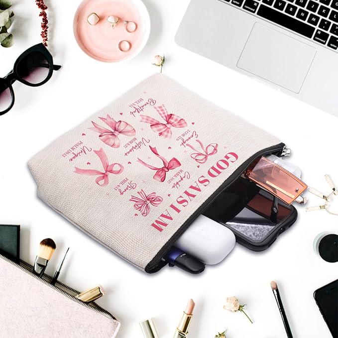 God Says I Am Makeup Bag, Pink Coquette Bow Bible Verse Cosmetic Bag, Inspirational Christian Gifts for Women, Religious Faith Based Gifts Inspirational Affirmations Gift Bag