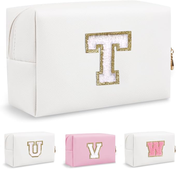 Personalized Small Travel Preppy Makeup Bag, Chenille Letter White Cute Makeup Bag Initial Cosmetic Pouch Toiletry Organizer, PU Waterproof Makeup Storage Thanksgiving Gifts for Friends(Letter T)