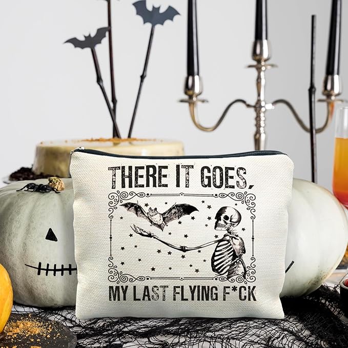 Halloween Makeup Bag, Goth Skeleton & Bat Design, White, Waterproof Linen Cosmetic Bag for Women