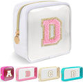 Mini Clear Personalized Initial Makeup Bag,Nylon Preppy A-Z Chenille Letter Patch Zipper Cosmetic Bag, Small Cute Beach Pouch Travel Purse Sanitary Napkin Storage Bag for Women Girls(White-Pink D)