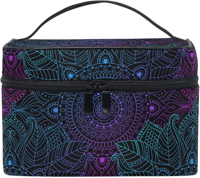 Makeup Train Case Art Arabesque Mandala Boho Ethnic Bohemian Korean Carrying Portable Zip Travel Cosmetic Brush Bag Organizer Large for Girls Women