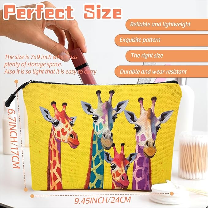 Cosmetic Bags Travel Makeup Toilet Case Waterproof Pouch for Women Girls 6.7X9.45inches - Colorful Giraffes Against A Yellow Background