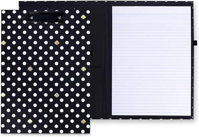 Kate Spade New York A4 Clipboard Folio with Low Profile Clip, Black Professional Padfolio Includes Lined Notepad, Pen Loop, and Pocket, Polka Dots