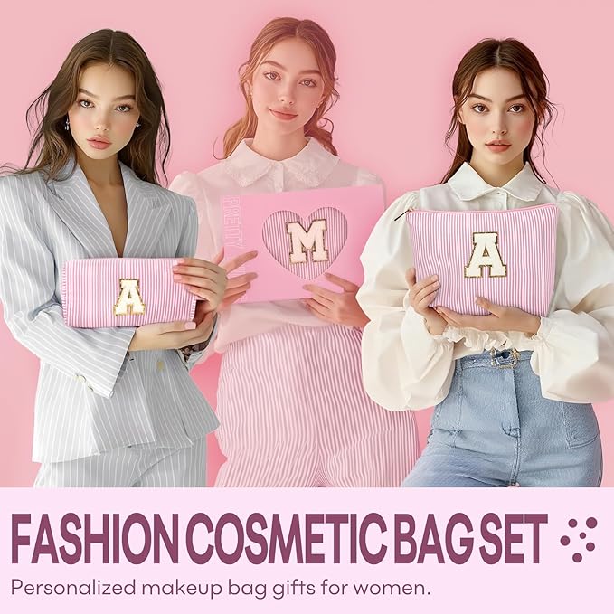 mibasies 2 PCS Initial Makeup Bags for Women: Cosmetic Bag for Travel Toiletry - Personalized Cute Makeup Pouch - Gifts for Grilfriend Wife Moms Bridesmaid - Retirement Travel Gifts - Light Pink E