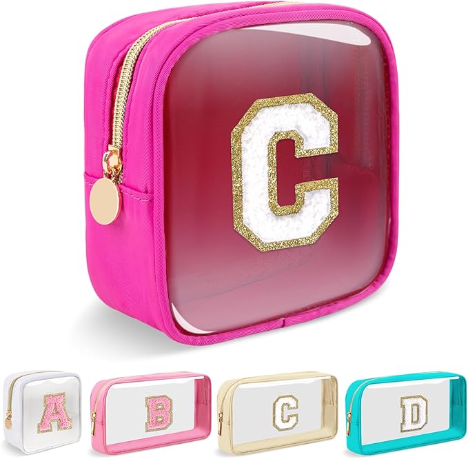 Mini Clear Personalized Initial Makeup Bag,Nylon Preppy A-Z Chenille Letter Patch Zipper Cosmetic Bag, Small Cute Beach Pouch Travel Purse Sanitary Napkin Storage Bag for Women Girls(Hot Pink-White C)
