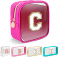 Mini Clear Personalized Initial Makeup Bag,Nylon Preppy A-Z Chenille Letter Patch Zipper Cosmetic Bag, Small Cute Beach Pouch Travel Purse Sanitary Napkin Storage Bag for Women Girls(Hot Pink-White C)
