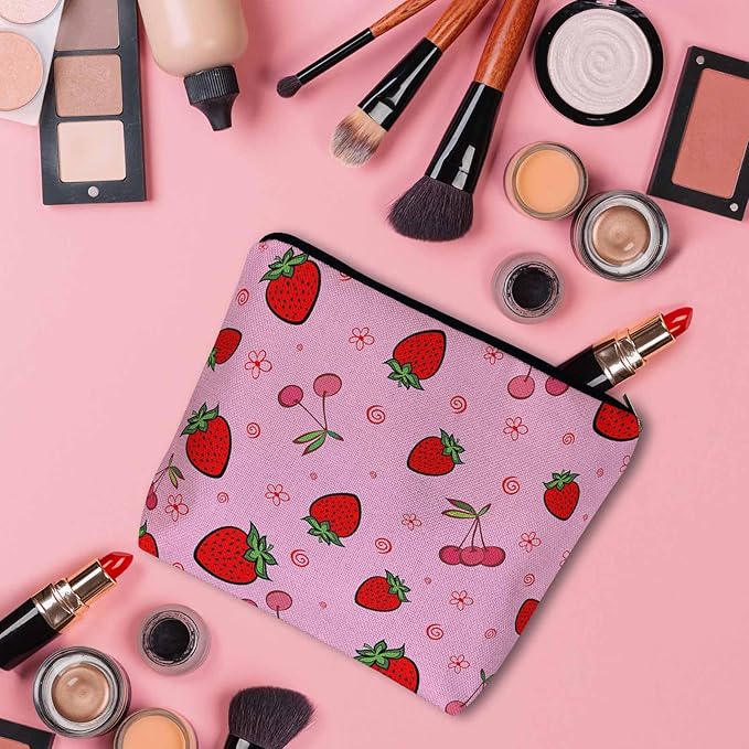 Strawberry Makeup Bags Makeup Organizer, Summer Strawberries Cherries Pink Flax Toiletry Bags Travel Cosmetic Bag Makeup Purse Pouch Skincare Bag Wallet Bags For Women Female Mom Daughter