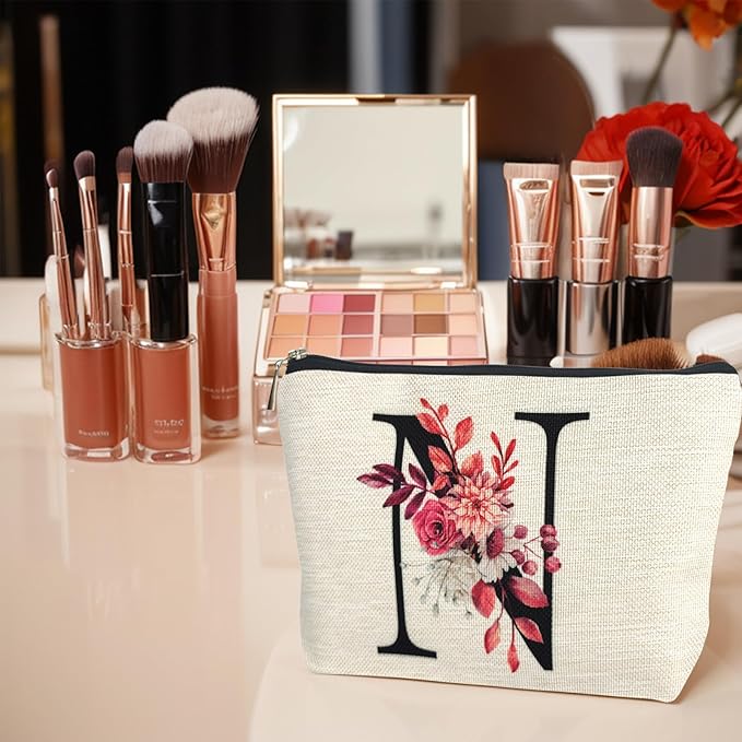 Initial A-Z Personalized Floral Makeup Bag, Monogrammed Birthday Gifts for Women Mom, Mothers Day Christmas Gift Ideas for Best Friend, Bride Bridesmaid, Her, Grandma, Small Travel Cosmetic Bag (N)