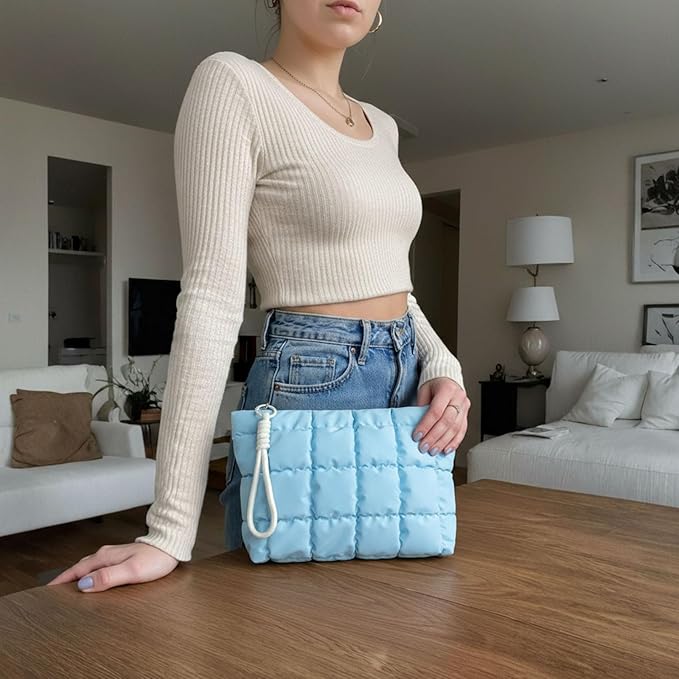 Puffer Quilted Makeup Bag Travel Cosmetic Bag Portable Puffy Checkered Toiletry Pouch Skincare Organizer Purse Pencil Case (Light Blue)