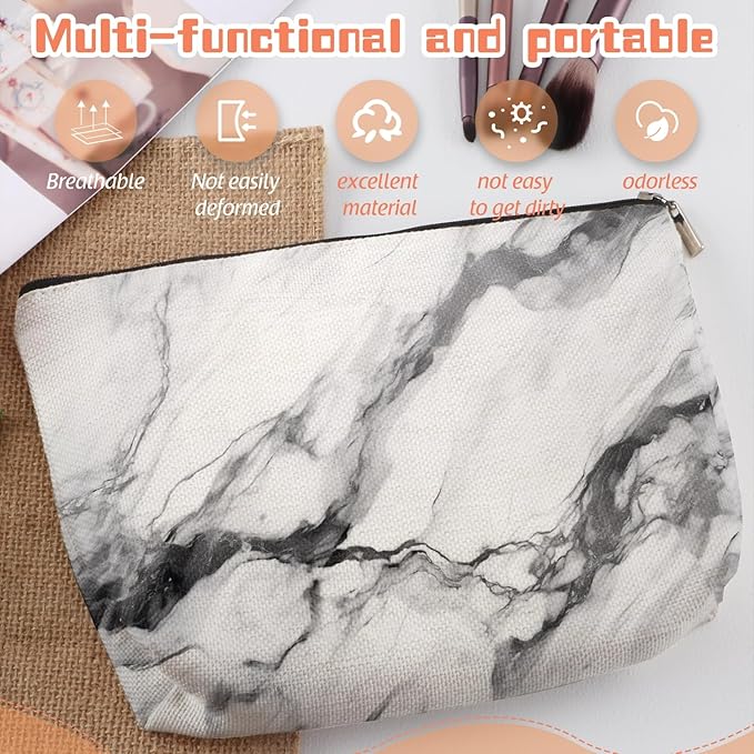 Makeup Bag Travel Cosmetic Bags Small Makeup Case Waterproof Zipper Pouch for Women Girls 7X9inches - Bold Black - Veined White Marble