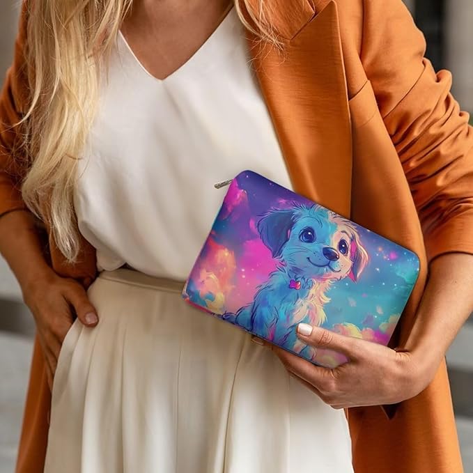 COEQINE Leather Cosmetic Bag for Women Travel Makeup Bag Waterproof Cosmetic Purses for Women Wedding Party Purse With Zipper Portable,Cute Dog Starry Sky Neon Pattern