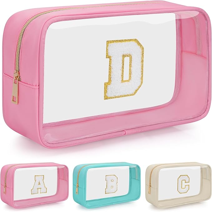 Personalized Initial Clear Makeup Bag, Travel Chenille Patch Cosmetic Bag, Preppy Toiletry Bag Monogram Cosmetic Pouch with Zipper, Ideal Gift for Teen Girls Women (Clear-Pink, D)