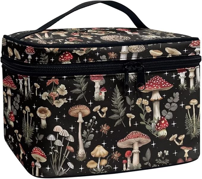 JoyLamoria Bronwn Mushroom Print Travel Makeup Bag Cute Mushroom Brush Bag Toiletry Bag for Women