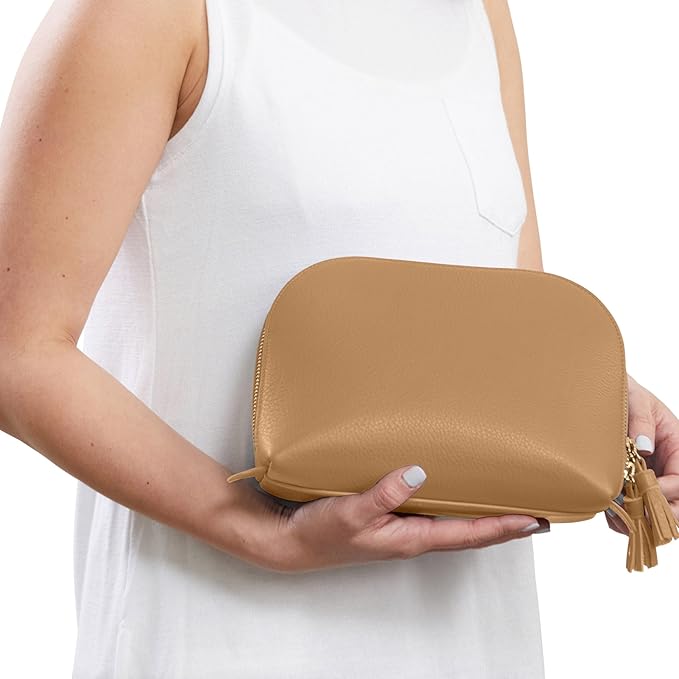 Leatherology Camel Clamshell Makeup Bag – Leather Cosmetic Bag with Waterproof Lining, Interior Zip Pocket & Double Tassel Zip Closure for Travel or Vanity Organization