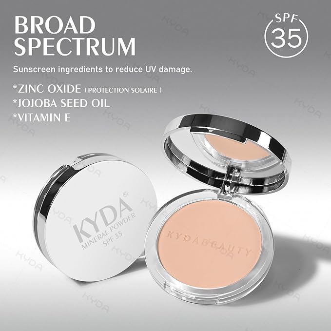 KYDA Mineral Powder, SPF 35, 4-in-1 Mineral Pressed Powder Foundation with Concealer and Setting, Matte Weightless Pressed Foundation, Light to Medium Coverage, #PORCELAIN