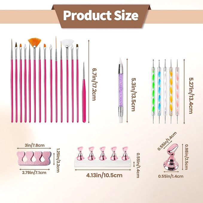 Nail Art Tools Set, 15 Nail Art Brushes 6 Nail Dotting Tool 3 Nail Stickers 2nail buffer 2 toe separator with Nail Stand Holder for Nail Tech & Beginners Nail Art Supplies Kit (Pink)