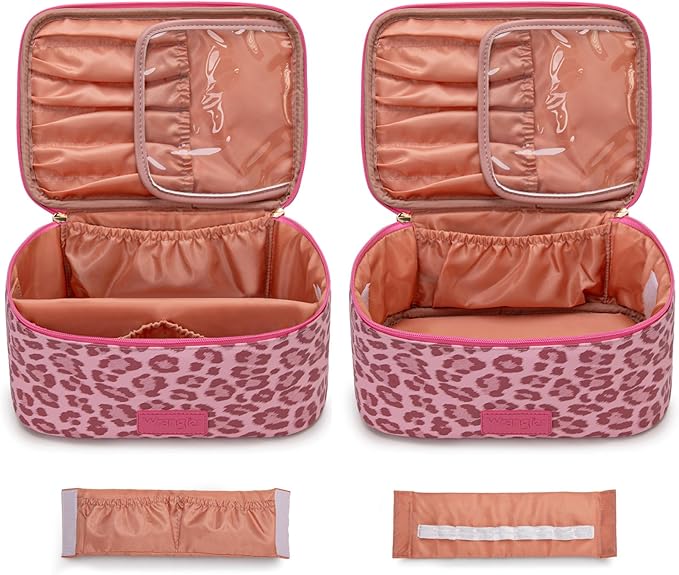 Montana West X Wrangler Travel Makeup Bag 2pcs Set Large Cosmetic Bag with Makeup Brush Holder Portable Make Up Organizer Cute Toiletry Bag with Divider and Handle for Women Leopard