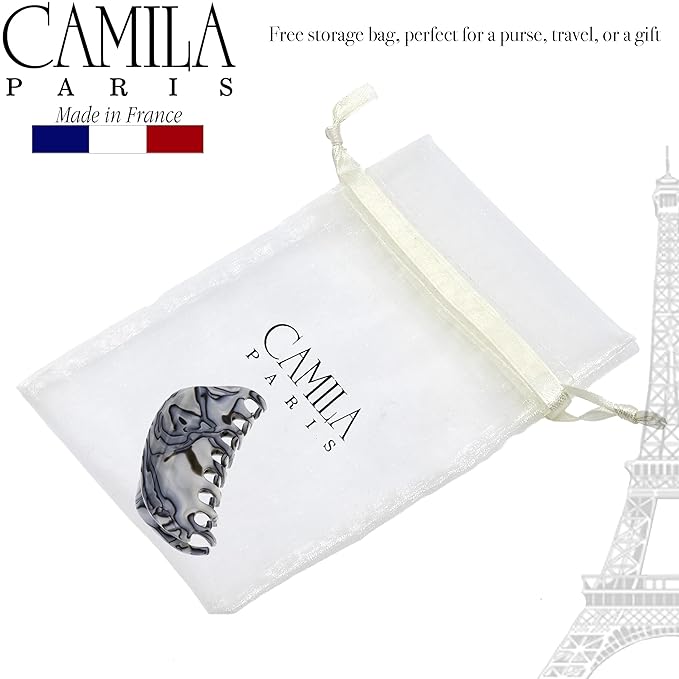 Camila Paris CP2958 French Hair Ponytail Holders Ties, Flower, Handmade, Gray, Strong Hold Grip Hair Clips for Women, No Slip and Durable Styling Girls Hair Accessories, Made in France