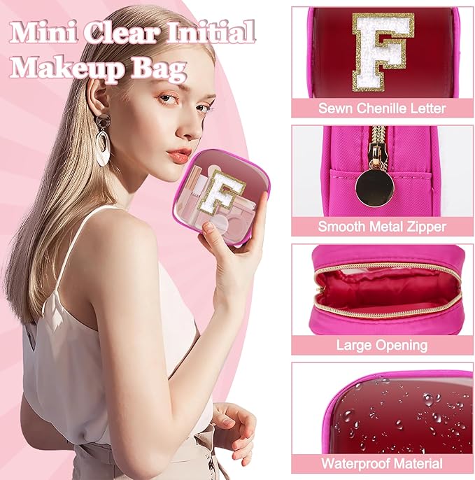 Mini Clear Personalized Initial Makeup Bag,Nylon Preppy A-Z Chenille Letter Patch Zipper Cosmetic Bag, Small Cute Beach Pouch Travel Purse Sanitary Napkin Storage Bag for Women Girls(Hot Pink-White F)