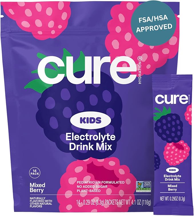 Cure Hydration - Kids Electrolyte Drink Mix | Plant-Based Pediatrician Formulated Rehydration | No Added Sugar, FSA-HSA, Non-GMO, Gluten-Free, No Artificial Flavors | 14 Packets - Mixed Berry