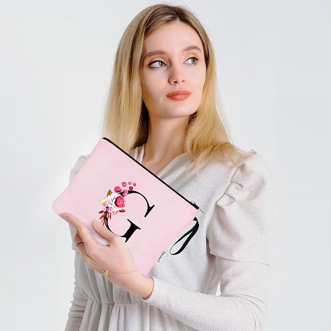 Vavabox A-Z Personalized Makeup Bag, Birthday Gifts for Women Mom, Gifts for Best Friend, Bride Bridesmaid Cosmetic bag (G, Pink)