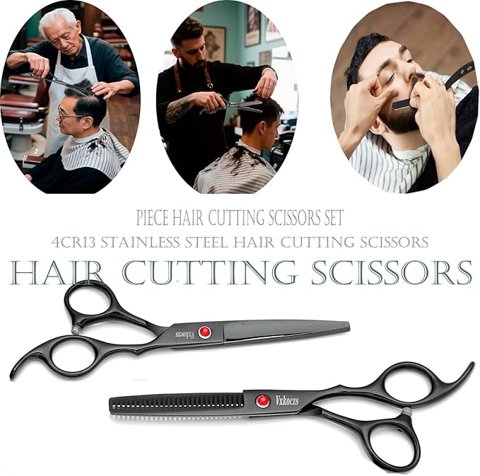 Hair Scissors Professional Set - Steel Barber Shears with Offset Handle, Thinning & Straight Scissors for Salon & Home Hair Cutting